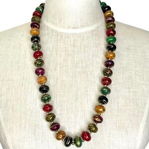Vintage 80’s Bohemian Beaded Multi Color Necklace Gold Decor 28 inch Funky Fun